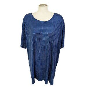 Womens All Over Sequin Plus 3X Stretch Short Sleeve Tunic Navy Blue Sparkle